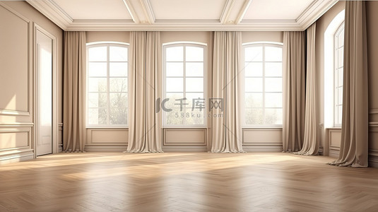 优雅的当代空间，配有别致的梳妆台华丽的墙壁造型和时尚的木地板 3D 可视化