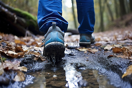 秋季森林中泥泞小路上行走的女性脚
