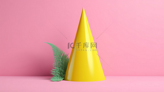粉红色背景上带绿色腿的几何黄色锥体的超现实主义当代艺术极简主义 3D 渲染