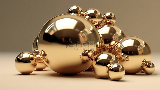 彩色金属背景图片_米色背景反射 3D 渲染中抛光的金色金属球