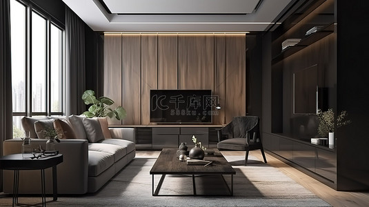 家纺直播背景背景图片_现代公寓室内设计令人惊叹的 3D 渲染客厅与衣橱