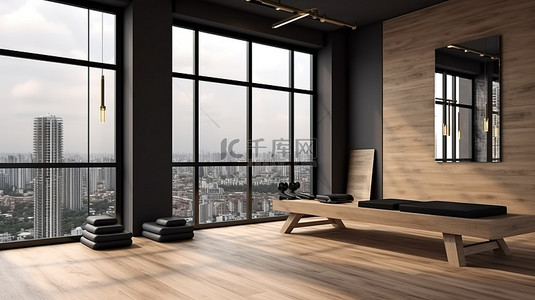 令人惊叹的健身房和健身空间，采用现代木质和黑色装饰，采用 3D 渲染
