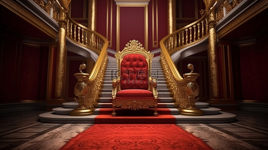 红地毯上红色皇家椅子的豪华 3D 渲染，配有令人惊叹的楼梯和金绳屏障