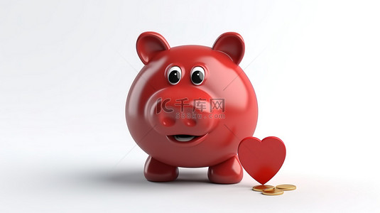 白色背景的 3D 渲染，带有可爱的红心人物吉祥物，拿着存钱罐和金币
