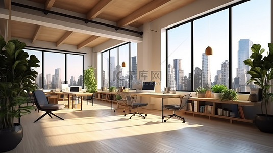 开放式办公背景图片_宽敞优雅的联合办公空间，配有现代家具城市景观和开放式天花板