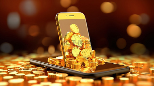 当金币从智能手机显示屏上倾泻而出时，3D 呈现概念在线业务成功