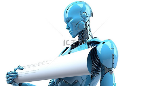 白色背景女性机器人或机器人在 3D 渲染中持有蓝色空白纸