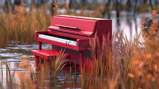钢琴乐器背景图片_秋季河岸长草中 3D 渲染抽象红色钢琴的亲密特写