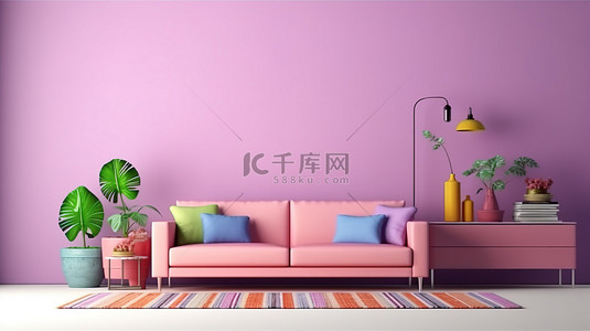 客厅紫色背景图片_色彩缤纷的客厅中现代粉色沙发的 3D 渲染，配有大胆的紫色墙壁