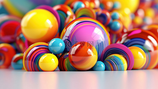 充满活力和活泼的圆形形式和玻璃球抽象艺术品 3D 渲染