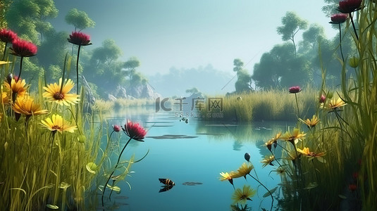 茂盛的花背景图片_3D 风格的令人惊叹的河流风景，以茂盛的植物鸟类和蜜蜂为特色