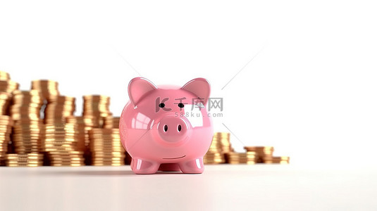 白色背景上粉色存钱罐的 3D 渲染，金币代表储蓄和财务增长