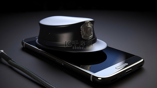 移动安全服务概念 3d 带警察帽的智能手机