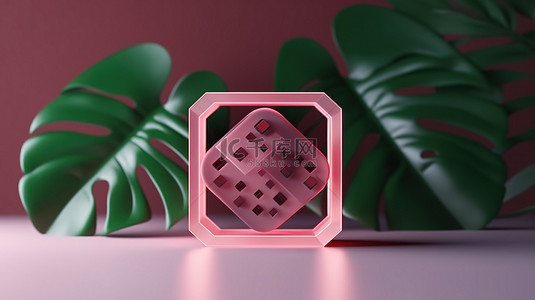 图标透明背景图片_具有玻璃形态方形玻璃龟背竹叶和 Instagram 图标的几何形状的 3D 渲染