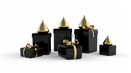 礼敬老人背景图片_3d 白色背景下，优雅的黑盒子绑着金色丝带和圣诞老人​​帽子