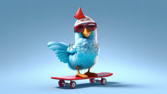 有趣的 3D 鸡在带有招牌的踏板车上巡航