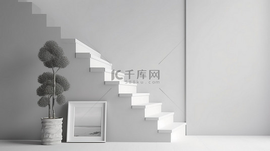 室内居家白墙背景图片_时尚简约的设计，具有相框植物白墙和楼梯 3D 渲染