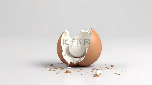 白色背景上整个鸡蛋旁边的破裂鸡蛋 3D 渲染插图
