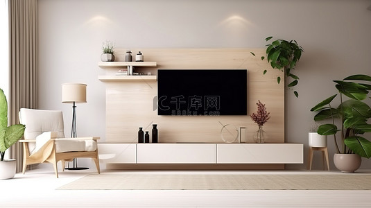 创新的室内建筑设计现代生活家具的 3D 渲染与电视模型