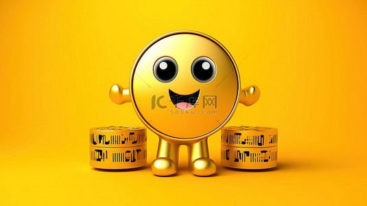 3D 渲染黄色背景，带有金色忠诚计划奖金硬币人物吉祥物和电影卷轴电影磁带