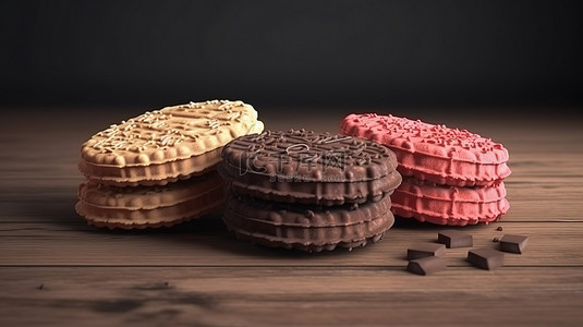 逼真的 3D 渲染集美味脆片巧克力草莓和香草口味