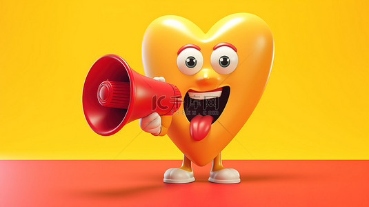 黄色背景上有一个 3D 渲染的人物吉祥物，拿着一个心形的红色复古扩音器