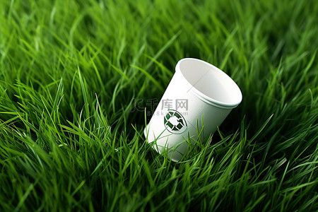 环保标志纸杯背景图片_一个带有回收标志的纸杯被放置在草丛中