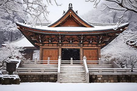 雪落在一座大型寺庙建筑上