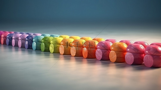 五彩缤纷的糖背景图片_多米诺骨牌形成的五彩糖衣糖果线充满活力的 3D 插图