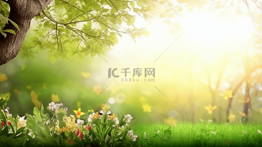 春季郊游背景图片_花卉森林草地春季卡通广告背景