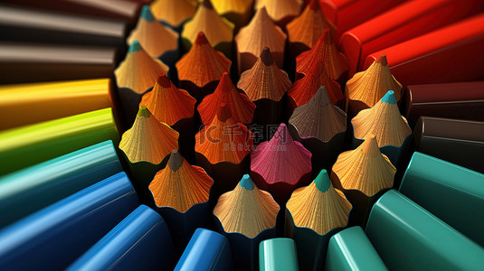 充满活力的彩色铅笔组的 3D 渲染图像
