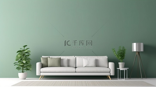绿色沙发背景图片_现代绿色家居室内 3D 渲染墙模型，配有白色沙发