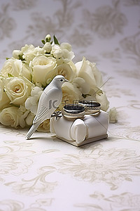 白色和象牙色，白色餐巾上有一些结婚戒指和鸟