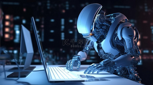 自动化科技背景图片_计算机程序员在自动化工作环境中操作 3D 渲染机器人