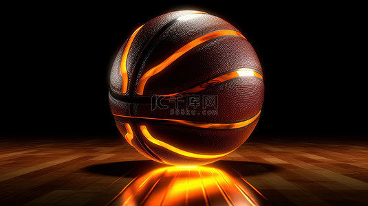 深色体育场背景图片_镶木地板上有篮球的黑色背景的 3D 插图