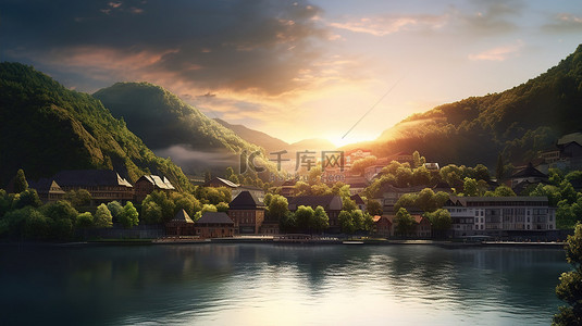 山景晚霞背景图片_多云日落下绿山树木和河流之外的城镇建筑的 3D 插图