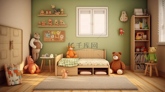儿童房的 3D 渲染图，里面有可爱的毛绒动物