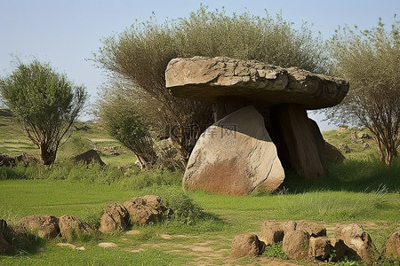 草地上有一个巨大的石头结构，背景是一棵树