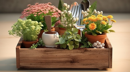 木箱中排列的园林工具和陶瓷盆花的 3D 渲染
