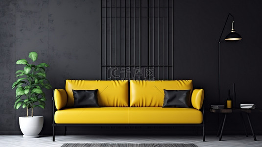 工业简约黑色客厅，配有充满活力的黄色沙发 3D 渲染