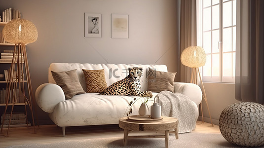 一个舒适的客厅，带有 3d 渲染的动物灵感枕头