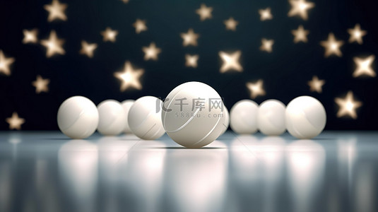 丰富的白色乒乓球与三颗星创意乒乓球海报设计 3D 渲染