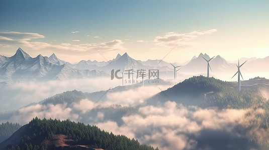 风景背景图片_风景秀丽的荒野中的山区沿海风力涡轮机农场公园 3D 渲染