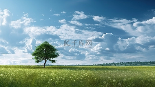 郁郁葱葱的草地，左角有树，全景多云的天空 3D 插图