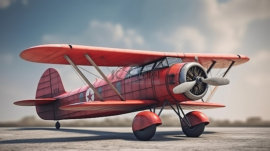 3D 渲染中一架老式红色飞机在天空中翱翔的侧视图