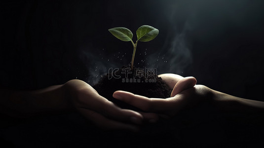 幼儿成长记录册背景图片_生命的成长 3D 插图，手握着土壤中茂盛的植物发芽