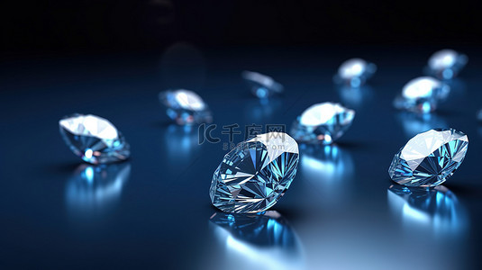 圆形钻石在深蓝色背景下脱颖而出的 3D 渲染
