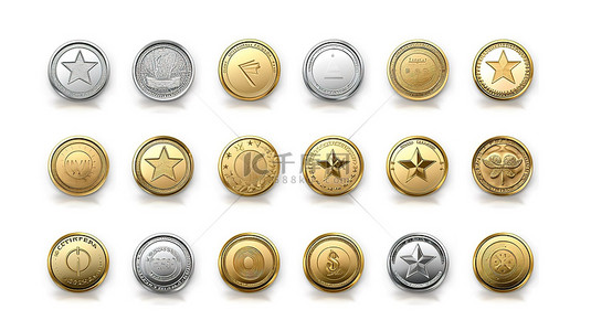 各种 3D 渲染金币，在纯白色背景上具有独特的符号