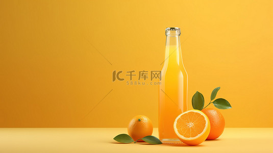 插图水果背景图片_橙色背景下玻璃瓶中的清爽橙色苏打水是饮料和新鲜度的完美融合 3D 渲染插图