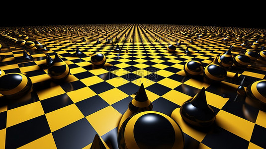 金字塔棋盘黑色和黄色方格几何图案的独特 3D 插图